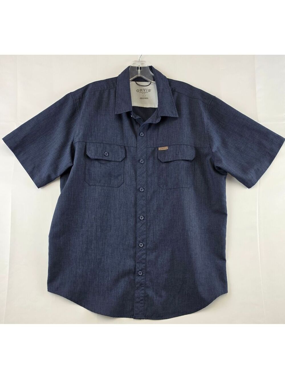 Orvis Men's Short Sleeve Button-Up Shirt Size Large Navy Blue 100% Polyester